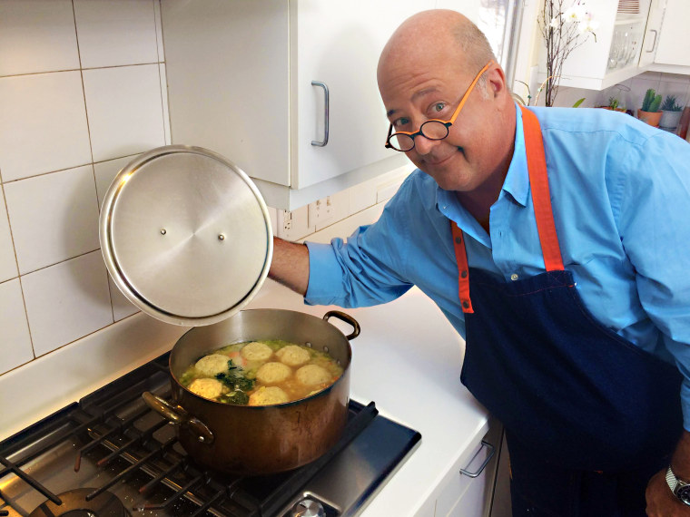 Andrew Zimmern making matzo ball soup