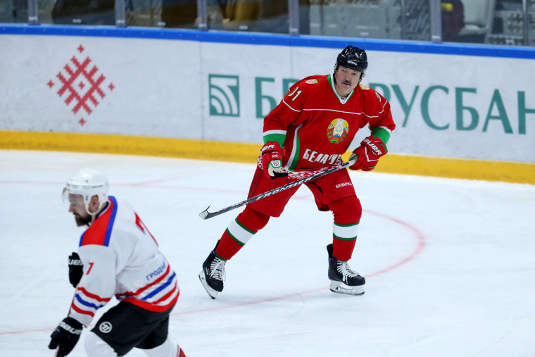 Image: Belarusian President Alexander Lukashenko plays in an amateur hockey game in Minsk on Saturday.