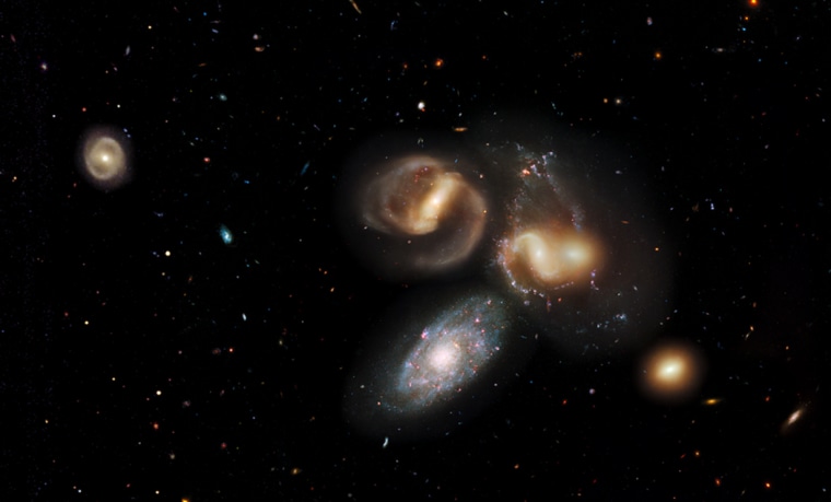 Image: Stephan's Quintet is the name given to five galaxies that appear to be grouped together from our perspective on Earth.