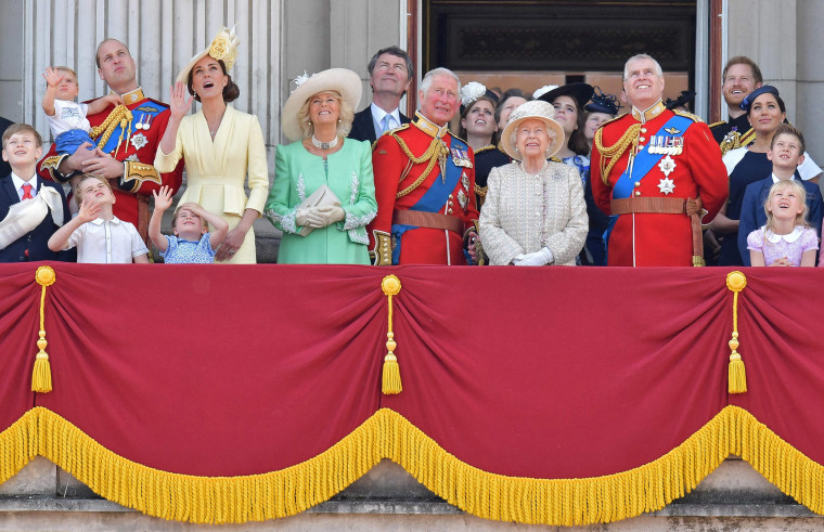 Image: Members of the Royal Family on the balcony of Buckingham Palace to watch a fly-past of aircraft by the Royal Air Force, in London