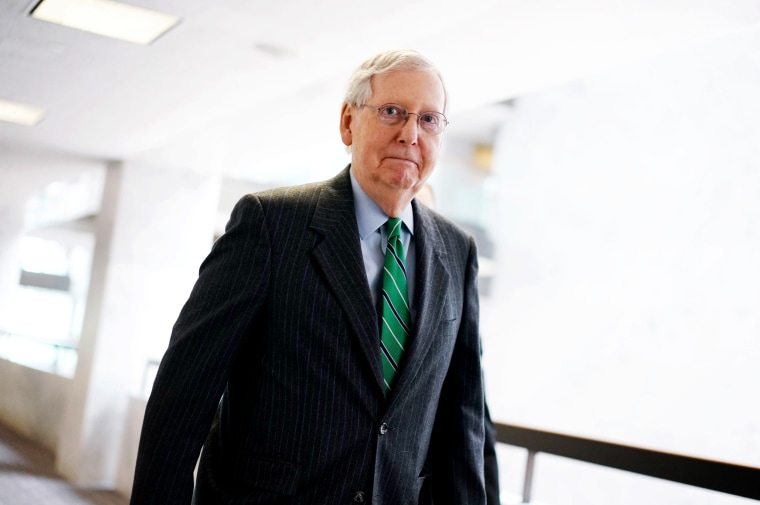 Image: Senate Majority Leader Mitch McConnell arrives for a luncheon at the Hart Senate Office Building on March 19, 2020.
