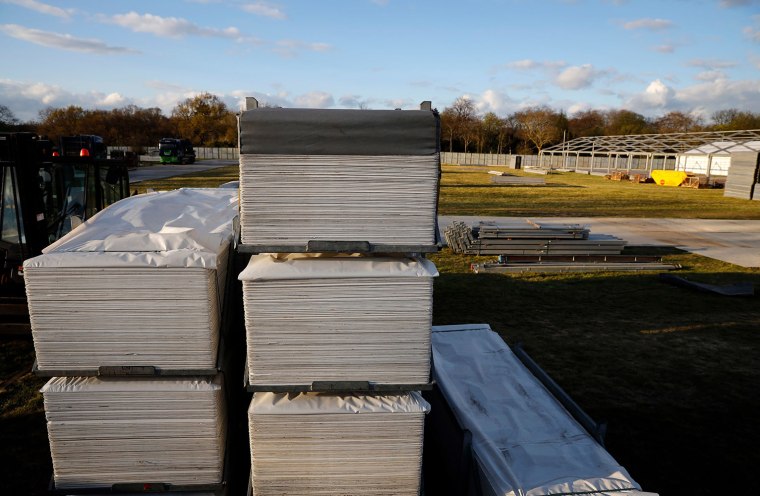 Image: The site of a temporary mortuary during construction in Manor Park, east London on April 2, 2020, as part of Britain's government's plans to deal with the COVID-19 pandemic.