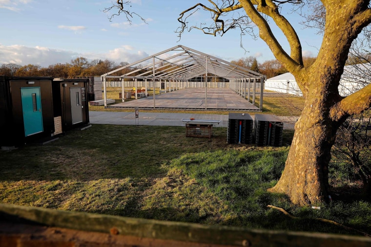 Image: The site of a temporary mortuary, is pictured during construction in Manor Park, east London on April 2, 2020, as part of Britain's government's plans to deal with the COVID-19 pandemic.
