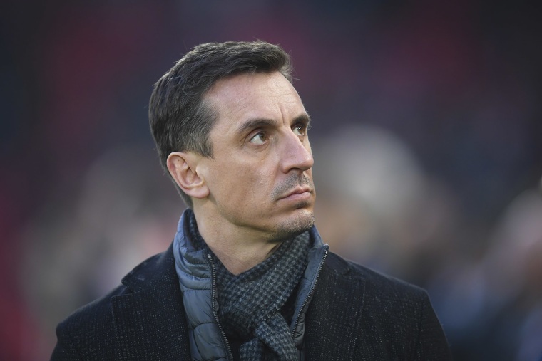 Image: Sky Sports pundit Gary Neville looks on during the Premier League match between Liverpool FC and Manchester United at Anfield