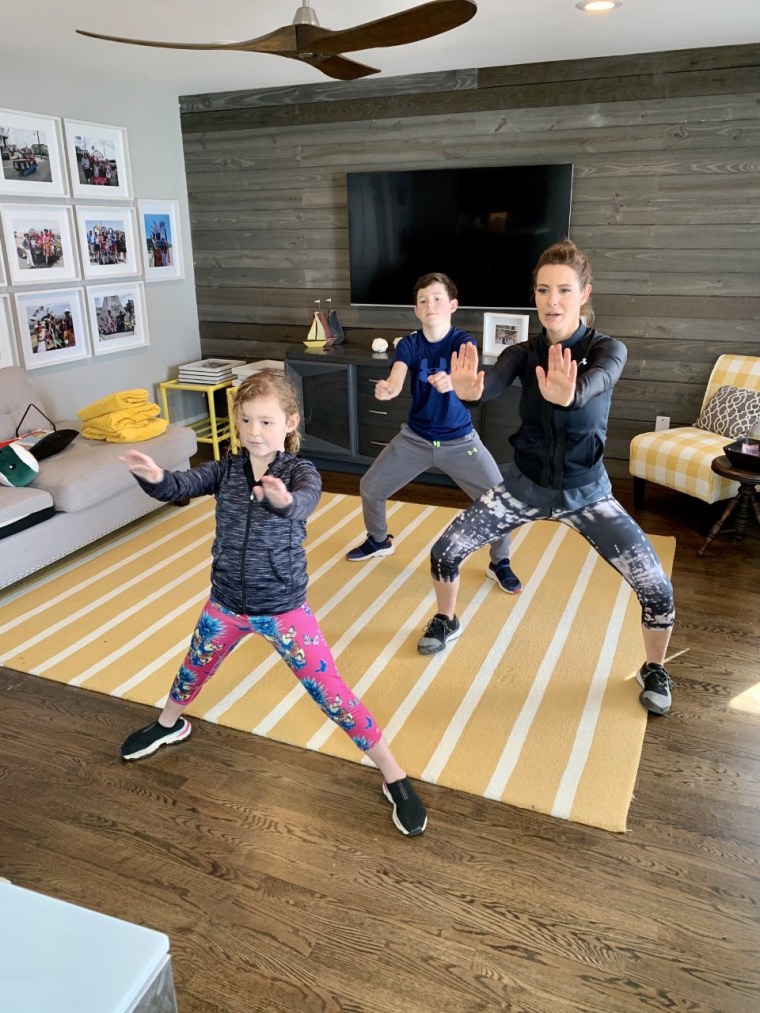 MSNBC anchor Stephanie Ruhle working out with her son Reese and daughter Drew.