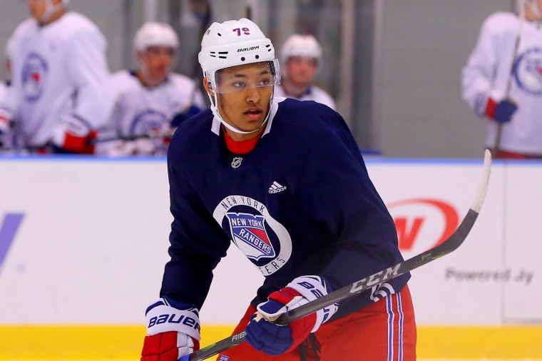 Image: K'Andre Miller at a New York Rangers prospect development camp in New York in 2018.