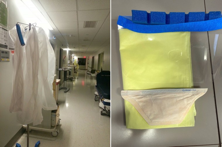 Left, a face shield, a mask and a gown were the protective equipment supplied to a nurse at Mount Sinai West on March 26. Right, health care workers at Mount Sinai West hung gowns in the hallway between uses.