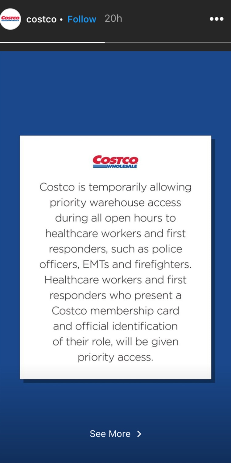 Costco is giving priority store access to health care workers and first responders amid the COVID-19 pandemic. 