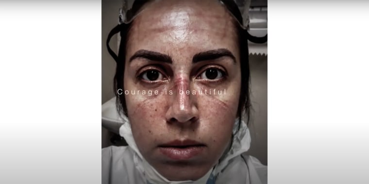 The short ad shows first responders with marks on their faces from wearing protective gear.