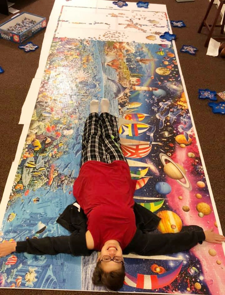 Lauren Stein started working on this 18,000-piece puzzle in June and thought it would take ages to finish. Being quarantined has made completeling it a lot easier and helps her relax. 