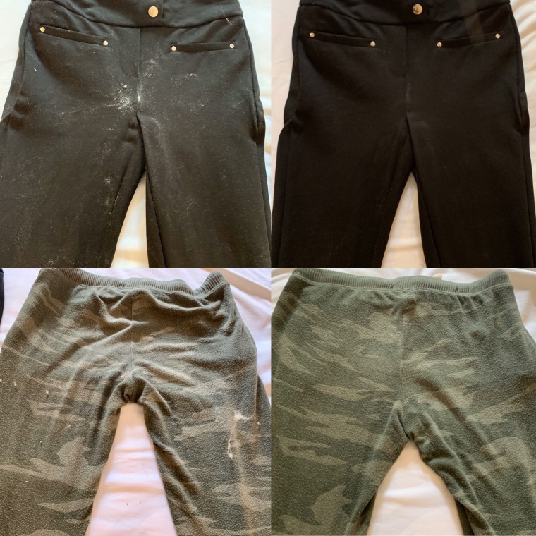 Before and after using the ChomChom roller on my black pants and camo sweats