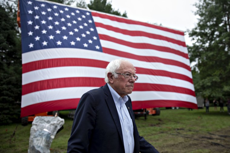 Image: Sen. Bernie Sanders arrives for the Polk County Steak Fry in Des Moines, Iowa, on Sept. 21, 2019.