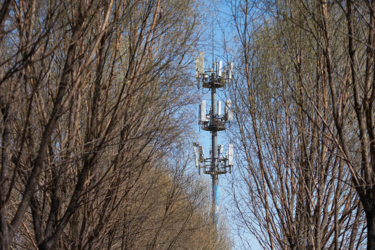 Image: A China Mobile base station, which has been upgraded for 5G network, is pictured on March 10, 2020 in Taiyuan, Shanxi Province of China.