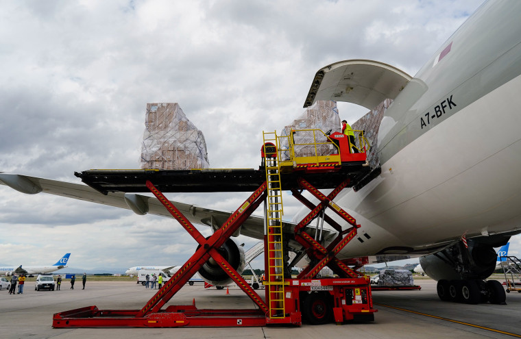 Image: A plane from China arrives at Madrid airport Sunday with medical supplies on board to fight the coronavirus epidemic in Spain.