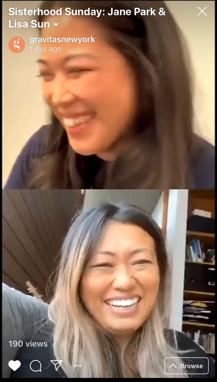 Jane Park and Lisa Sun chatting on Gravitas' Sisterhood Sunday Instagram live.