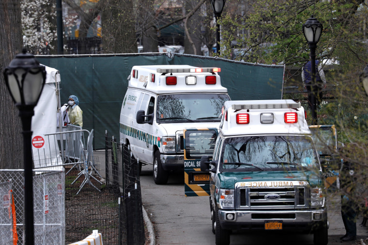 Image: Ambulances are seen lined up outside The Samaritan's Purse Emergency Field Hospital in Central Park in Manhattan during the outbreak of the coronavirus disease (COVID-19) in New York City