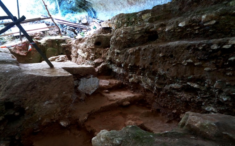 Image: The fragment was found attached to a flint tool excavated from a Neanderthal level of the Neanderthal rock shelter at Abri du Maras in south-eastern France.