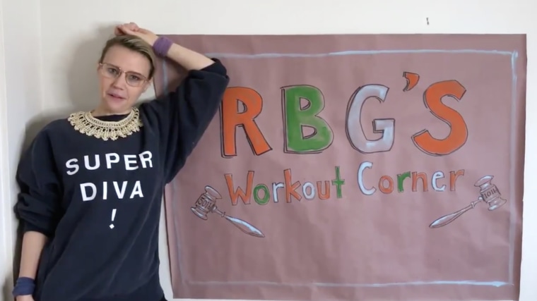 Saturday Night Live's Kate McKinnon portrays Ruth Bader Ginsberg teaching a workout class in her skit from home on Saturday.