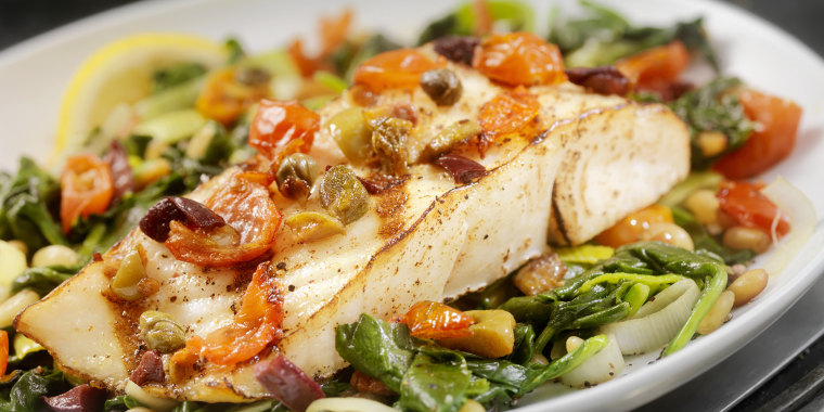 Grilled Halibut with Capers,Olives and Tomatoes