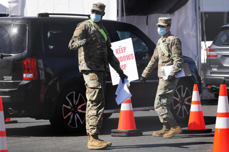 Members of the National Guard at a newly opened coronavirus testing site in Brooklyn, N.Y., on April 11, 2020.
