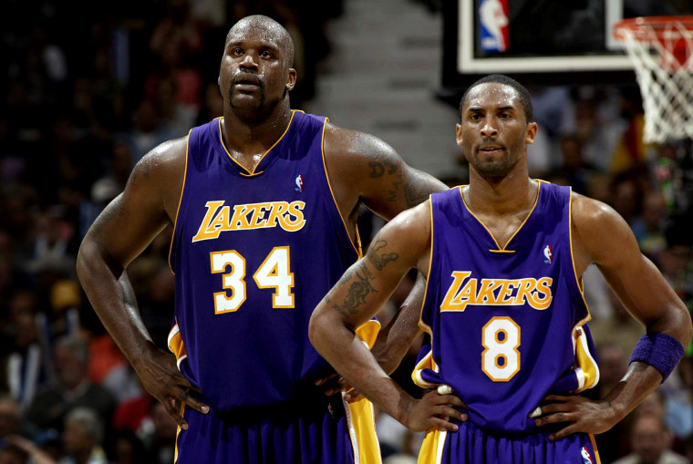 Image: Shaquille O'Neal and Kobe Bryant during a Los Angeles Lakers game against the Minnesota Timberwolves in 2004.