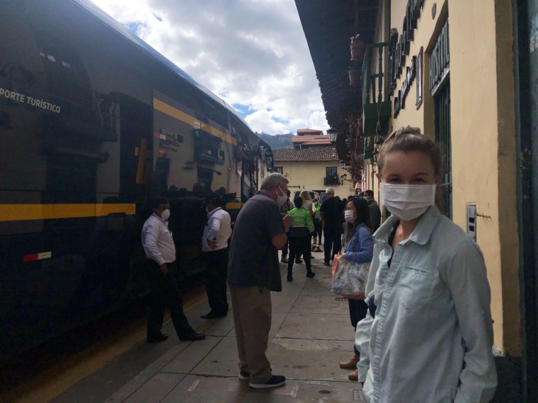 A photo of Zoe Parham, a 22-year-old from Columbia, Missouri, preparing to board a bus in Peru from Cajamarca to Lima on April 5, 2020.