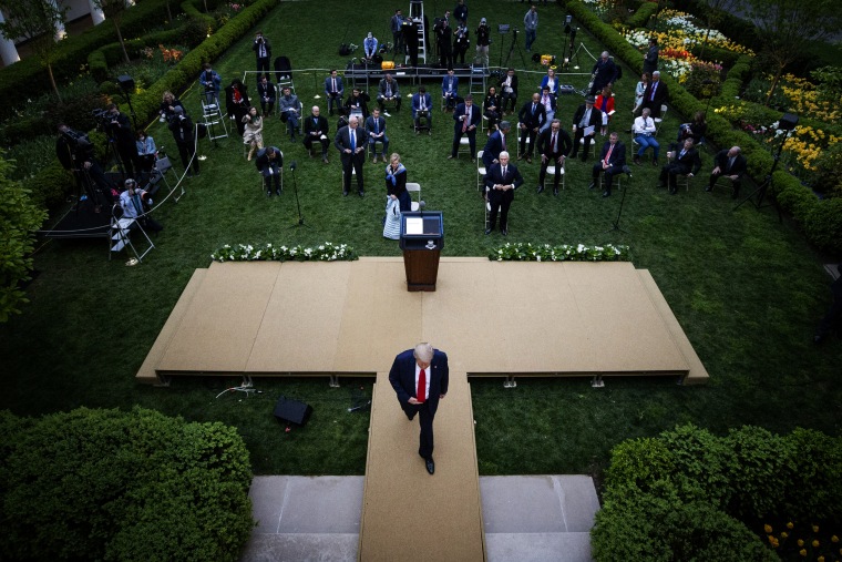 Image: President Donald Trump leaves the Rose Garden after a press conference on coronavirus on April 14, 2020.