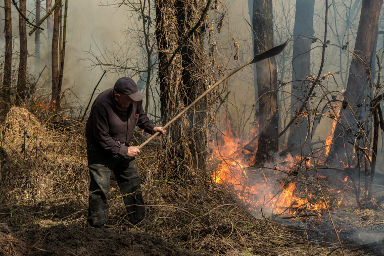 Image: A forest ranger with the Poliskyi Distrcit State Forestry Agency prevents the spread of a fire near Krasiatychi, Kyiv region