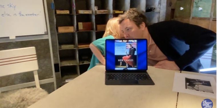 Fallon's daughter whispers in his ear during his show.