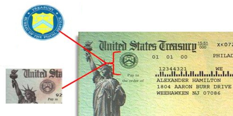 The Secret Service in partnership with the Treasury Department has issued guidelines on how to spot counterfeits. Genuine checks have a Treasury seal to the right of the Statue of Liberty, with security ink that bleeds and turns red when moisture is applied, among other measures.