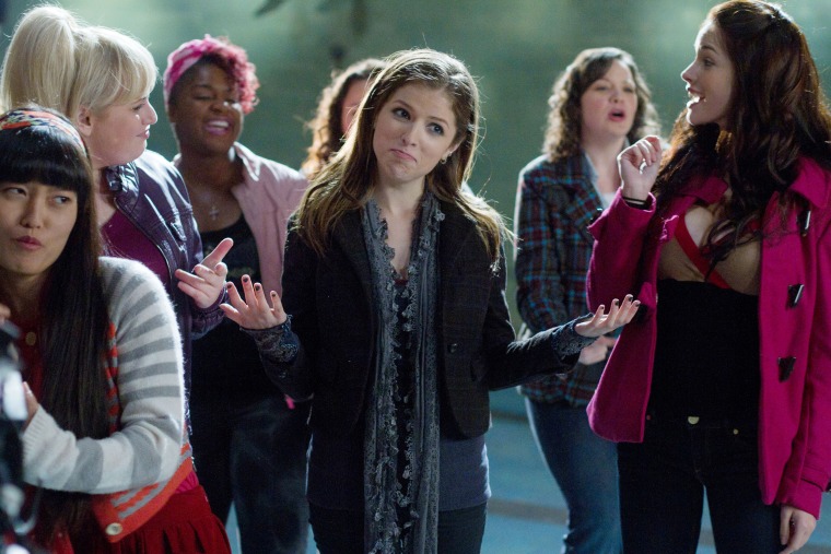 PITCH PERFECT, Hana Mae Lee (left), Rebel Wilson (blonde, left), Ester Dean (pink hair), Anna Kendri