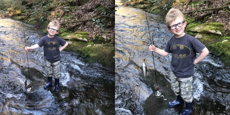 Tyler goes fishing with his adoptive dad, Barry Abernathy.