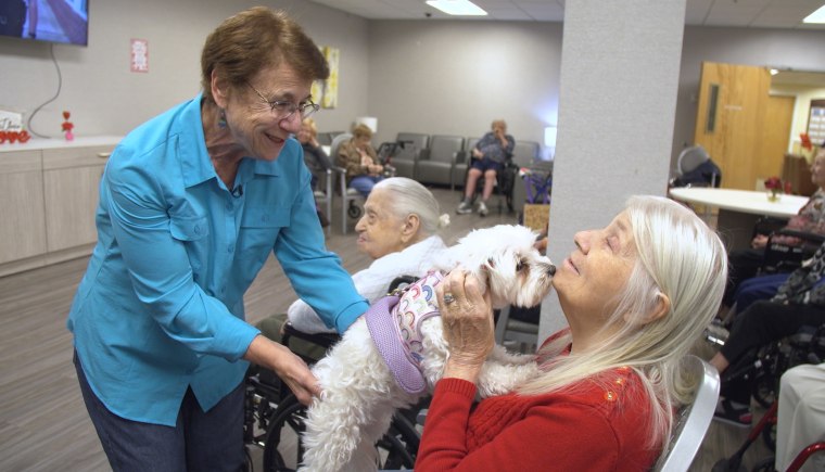 Therapy dog Pumpkin visits with residents at a nursing home.