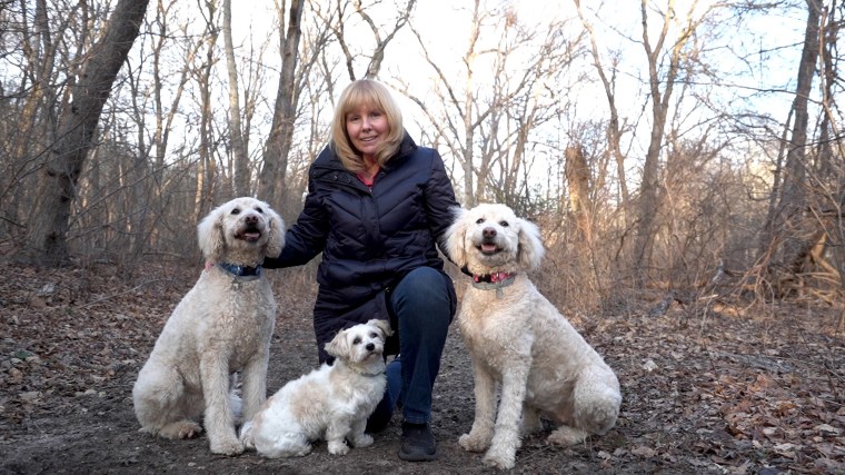 Terry Gallogly with her therapy dogs Ken, Barbie and Pumpkin.