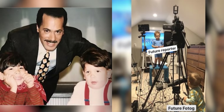 (Left) Lester Holt and his two sons pose for a photo in the studio of WBBM in Chicago. (Right) Stefan Holt's sons do their best to help dad anchor the evening news from home during the coronavirus pandemic.