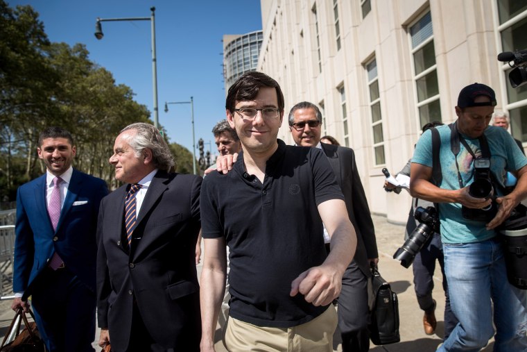 Image: Former pharmaceutical executive Martin Shkreli walks with lead defense attorney Benjamin Brafman after the jury issued a verdict at the U.S. District Court for the Eastern District of New York, Aug. 4, 2017 in the Brooklyn borough of New York City.