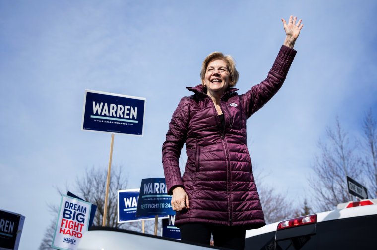 Image: Sen. Elizabeth Warren speaks to supporters after casting her vote in Cambridge, Mass., on March 3, 2020.