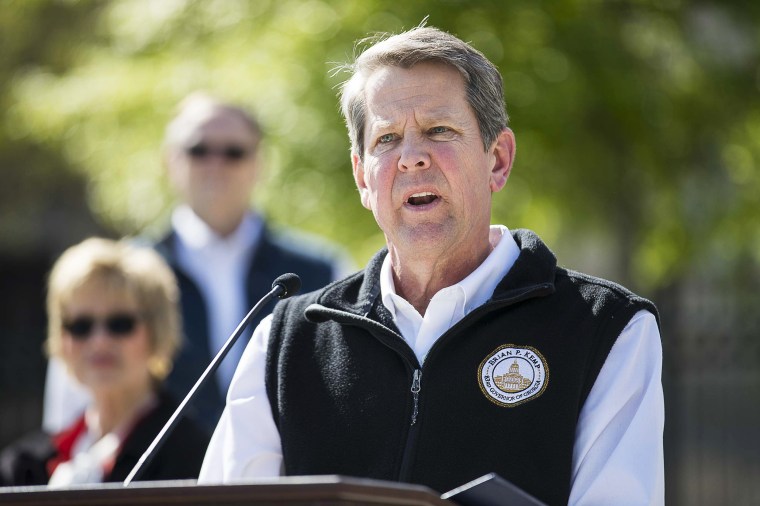 Georgia Gov. Brian Kemp speaks during a news conference in downtown Atlanta on April 1, 2020.