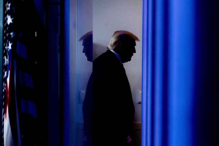 Image: President Donald Trump leaves the briefing room at the White House on April 17, 2020.