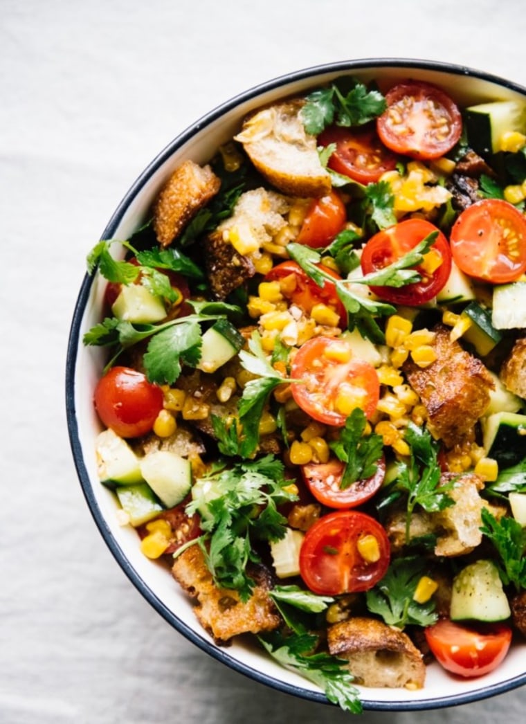 Tomato Panzanella with Corn, Cucumbers, and Herb Salad