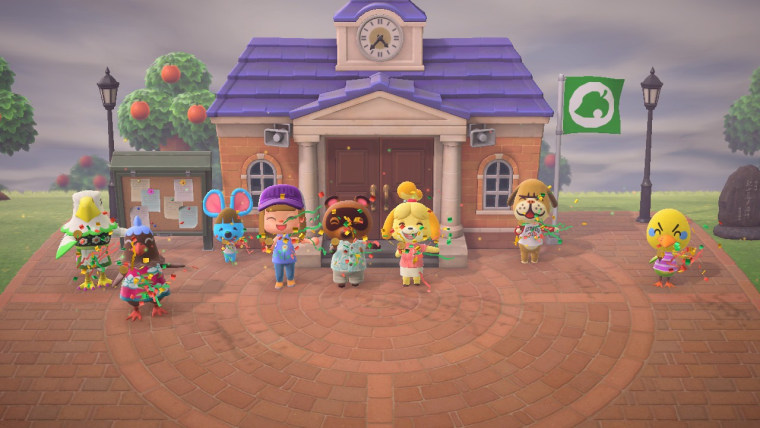 Characters celebrate the opening of Resident Services in "Animal Crossing: New Horizons" on the Nintendo Switch.