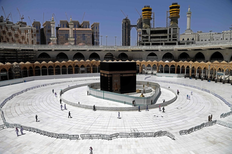 Image: Muslim worshippers circumambulate the sacred Kaaba in Mecca's Grand Mosque, Islam's holiest site,