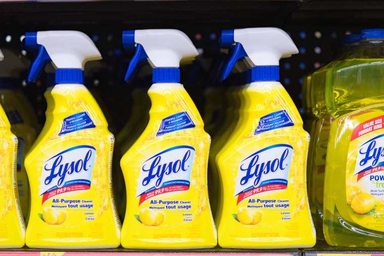 Image: Lysol bottles on a store shelf. The product is distributed by Reckitt Benckiser.