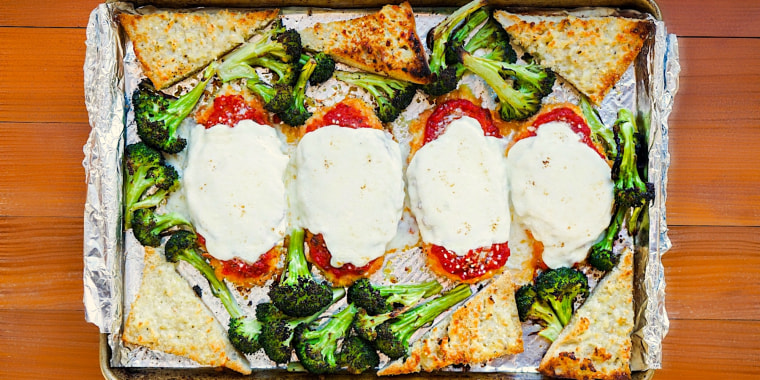 Sheet-Pan Chicken Parm with Roasted Garlic Bread and Broccoli