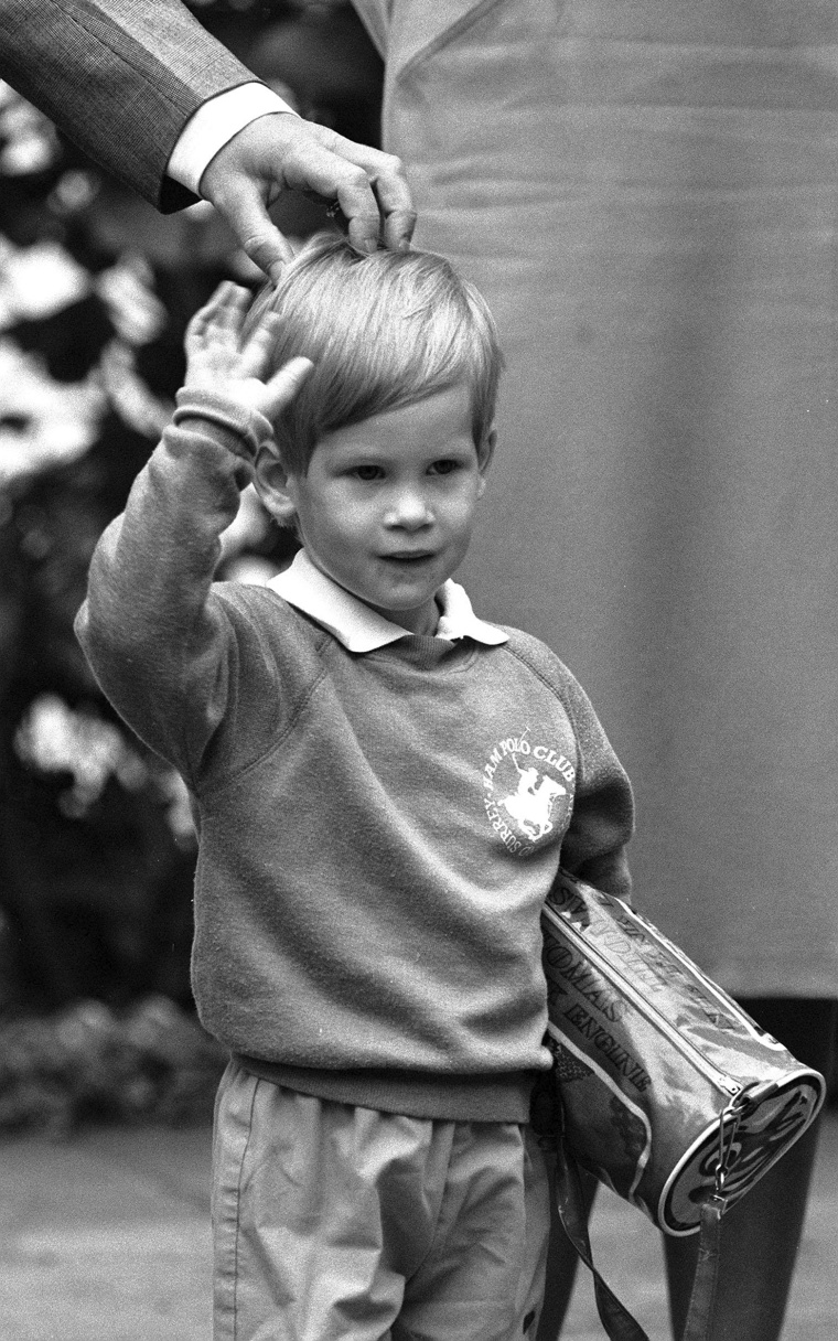A 3-year-old Duke of Sussex, then Prince Harry, waves hello on his first day of nursery school at Chepstow Villas in west London, carrying his Thomas the Tank Engine bag. The Duke of Sussex has recorded an on-camera introduction to the new animated special "Thomas &amp; Friends: The Royal Engine".