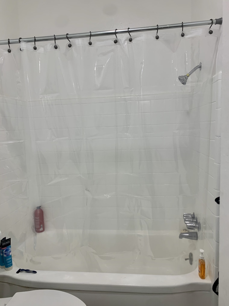 Shop TODAY contributor Katie Jackson trying the Liba Mildew-Resistant Shower Curtain Liner