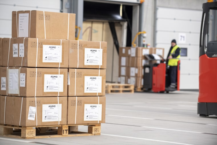 Image: 300 ventilators arriving at MOD Donnington, a military logistics hub in Shropshire, from China