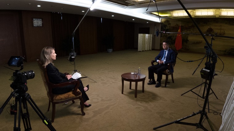 Image: Executive Vice Foreign Minister Le Yucheng being interviewed by NBC News' Janis Mackey Frayer in Beijing.