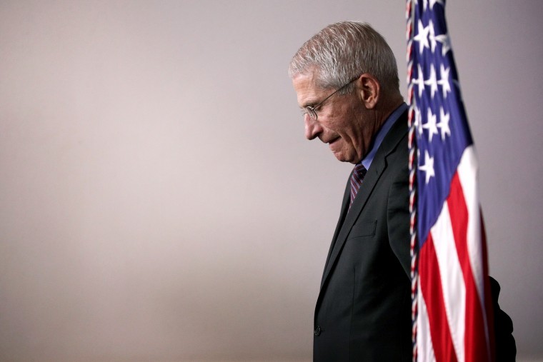Image: Dr. Anthony Fauci listens during a coronavirus task force briefing at the White House on April 9, 2020.