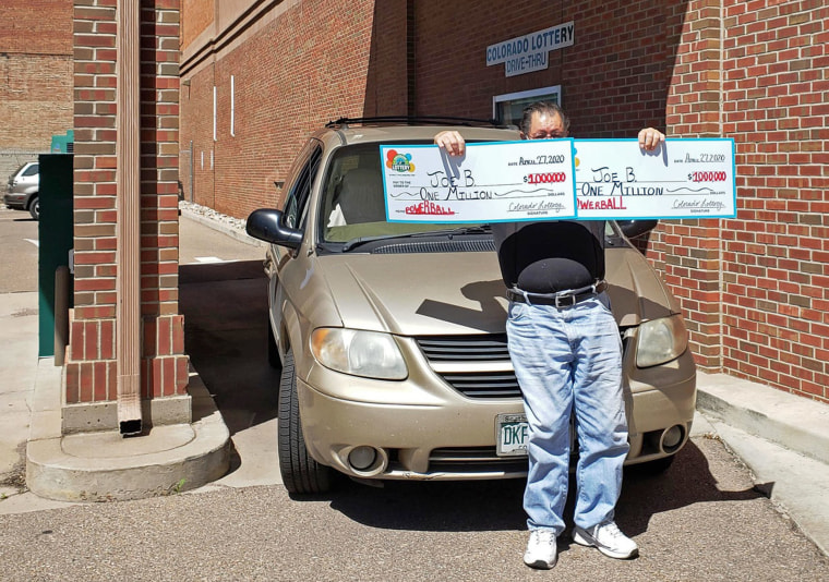 \"Joe B\" from Pueblo, Colo., claims the two $1 million Powerball prizes he won on March 25.